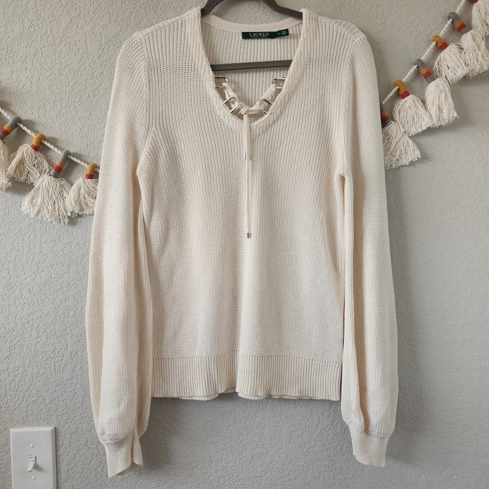 Lauren Ralph Lauren Open Knit Drop Shoulder Ivory Lace Up Sweater Neutral Cozy L